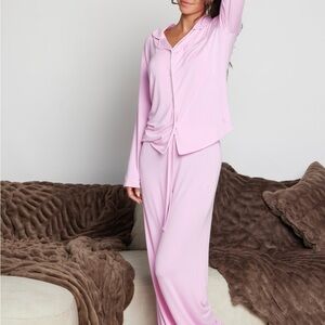 Luna Lounge PJ Set Two Piece Pajamas Button Down Shirt/Drawstring Pants in Peony